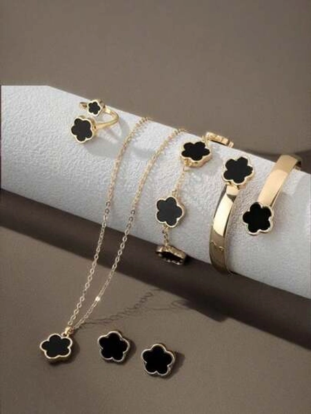6pcs/Set Necklace, Bracelet, Earrings, Ring, Lucky Flower Necklace, Gold Earrings, Gold Ring, Gold Necklace, Gold Bracelet, Gold Bangle, Girl Jewelry Set, Suitable For Back To School, Party, Holiday