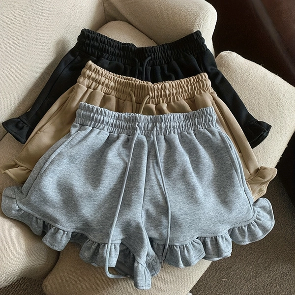 [Comfortable Ruffled Hem Shorts] 3pcs Women's Casual Shorts with Elastic Waistband & Drawstring - Comfortable Fit, Ruffled Hem, Light Gray, Black, Beige | Perfect for Casual Attire, Allseason Shorts