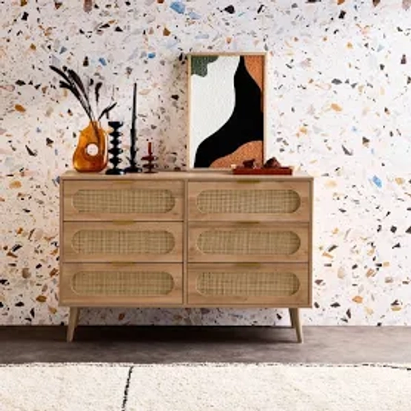 SWEEEK Commode. Eva. 6 tiroirs. décor bois. cannage arrondi L 120 x L 39 x H 79cm