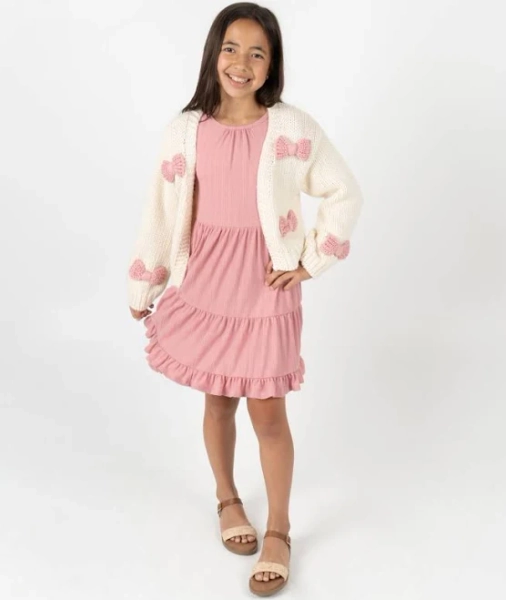 Rare Editions Girls 2-Piece Tiered Dress and Bow Cardigan Set
