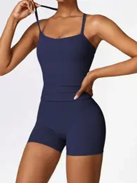 Yoga Fitness Outdoor Spring Summer Casual Sports Tank Top Shorts Set, Sleeveless High Waist Slim-Fitting Backless Design, High Stretch Activewear, Sportswear Set