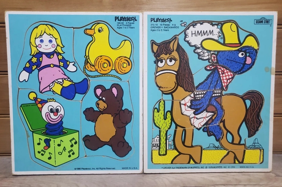 Playskool USA Wooden Puzzles 315-19 &amp; 180-02 Grover, 70's /80's Pre-owned  Vtg 
