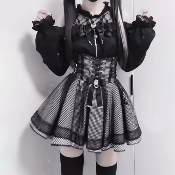 Japanese Style Gothic Y2k Lolita Skirt Set Women Lace Off Shoulder Bow Blouse Grid High Waist Skirts JK Uniform Suit Theme Party - AliExpress 