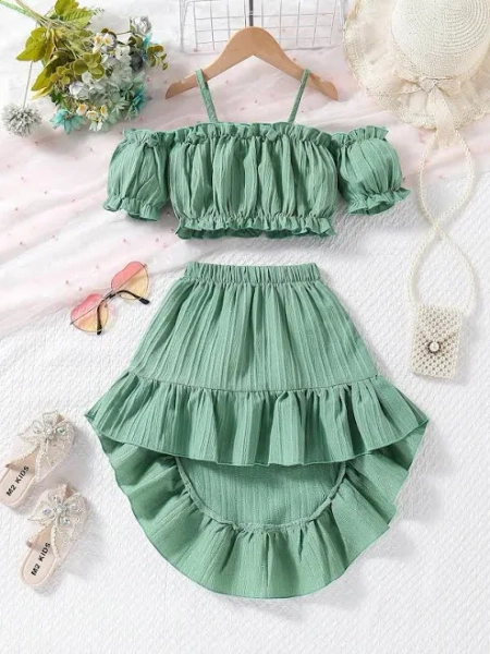 SHEIN Girls Ruffled Blouse and High Waist Skirt Set