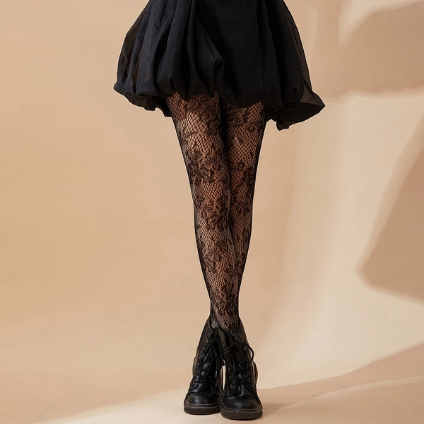1 Pair Women'S Elegant Black Floral Fishnet Tights - 100% Breathable Sheer Leggings with Ruffled Hem & Lace Trim, Transparent Full-Length Pantyhose for Dresses, Fashionforward Women, Delicate Construction, Fashion Lovers, Stylish Detailing