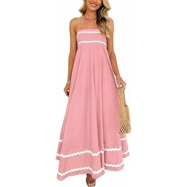Prettygarden Women's Casual Flowy Spaghetti Strap Ruffle Maxi Dress