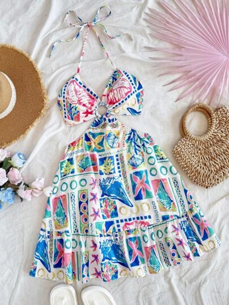Soleia Women's Holiday Style Allover Printed Waist Hollow Front Mid-Length Circle Ring Decor Halter Bowknot Back Flared Casual Summer Beach Dress, Cute,Sun Dress