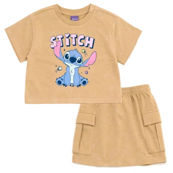 Disney Lilo & Stitch Big Girls French Terry Cropped Drop Shoulder T-Shirt and Skirt Outfit Set Sand Beige Stitch 14-16