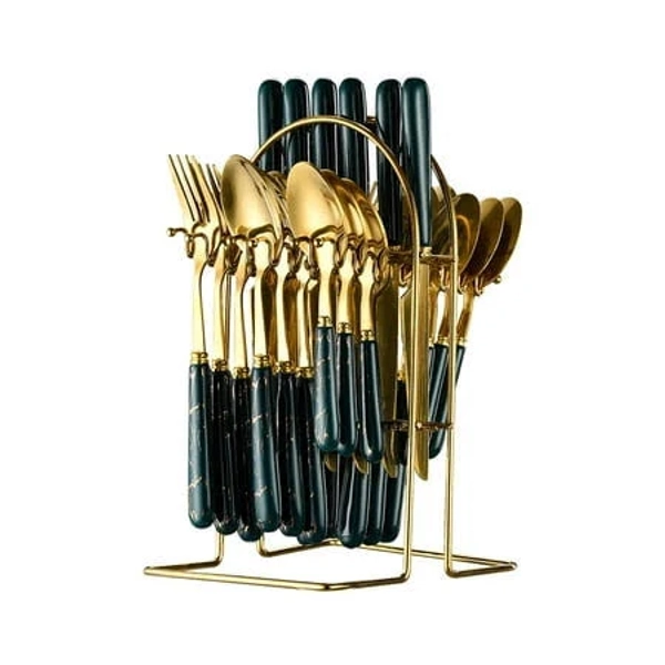 24-piece Flatware Set, Stainless Steel Gold Cutlery, Dinnerware for 6, Kitchen Utensils, Gift Box Included, Size: 9.84×6.30×5.51 inch, Green