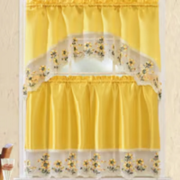 3 Piece Rod Pocket Embroidered Kitchen Curtain Set 2 Tiers and 1 Valance