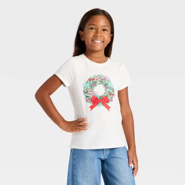 Girls' Short Sleeve Christmas 'Wreath' Graphic T-Shirt- Cat & Jack™ Cream L