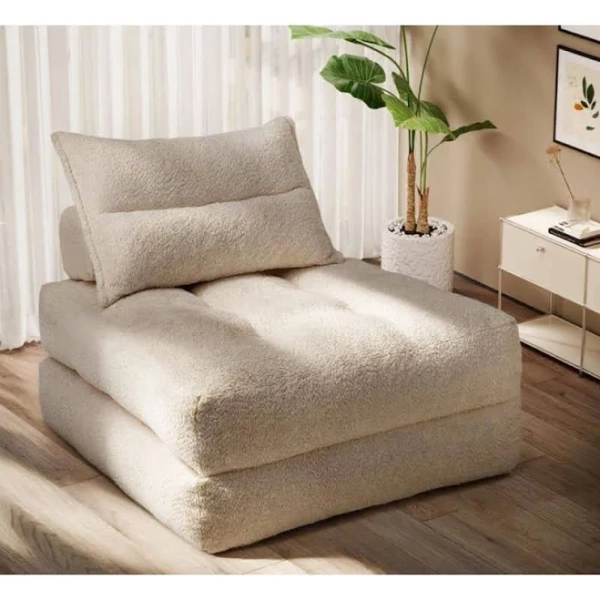 Spmou 33.86 in. Beige Teddy Fabric Twin Size Sofa Bed