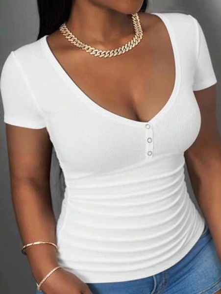 Slaydiva 2025 Plus Size Casual Solid Color Short Sleeve T-Shirt, Summer White Top Winter For Women Sexy Women's Blouses Winter For Women