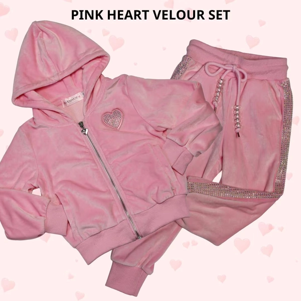 Girls' Pink Velour Tracksuit Set: Rhinestone Heart, Cozy Fall Outfit
