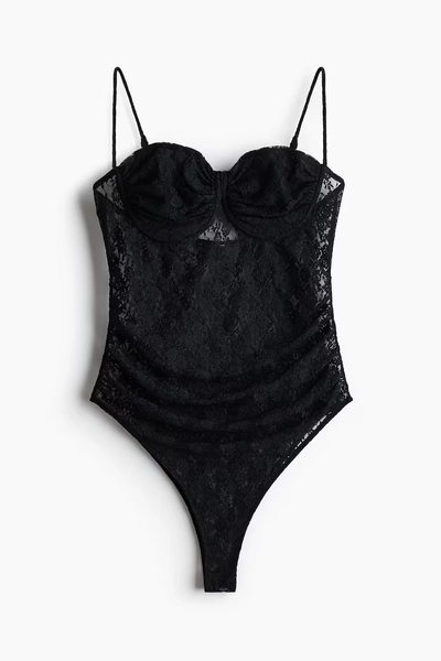 Lace thong body - Black