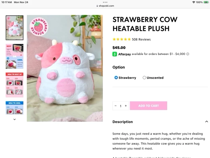 Strawberry cow heatable plushie