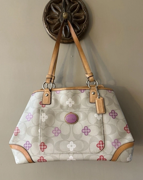 Vintage Coach Peyton Clover Bone &amp; Pink Framed KISS Lock Shopper Handbag F23074