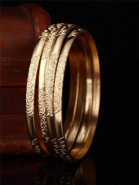 1pc 18K Gold Plated Elegant Carved Pattern Metal Bangle Bracelet, Luxury Jewelry Gift For Women, Birthday, Wedding - Size 8pcs