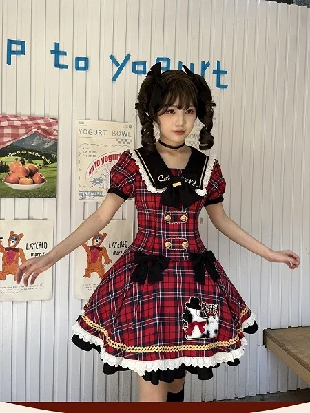 [£63.48]Cute Dog Red Sailor Collar Lolita A-line Dress with Patchwork & Checkered Pattern