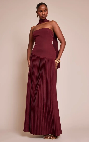 Wine Woven Asymmetric Pleated Maxi Dress