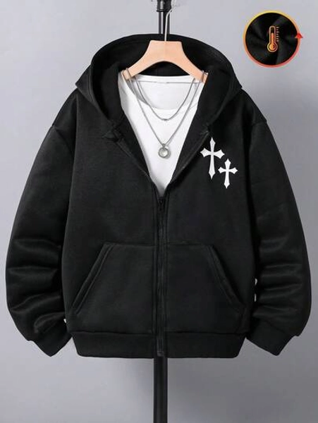Teen Boy All-Match Graphic Print Versatile Hooded Zip-Up Sweatshirt Fall Winter
