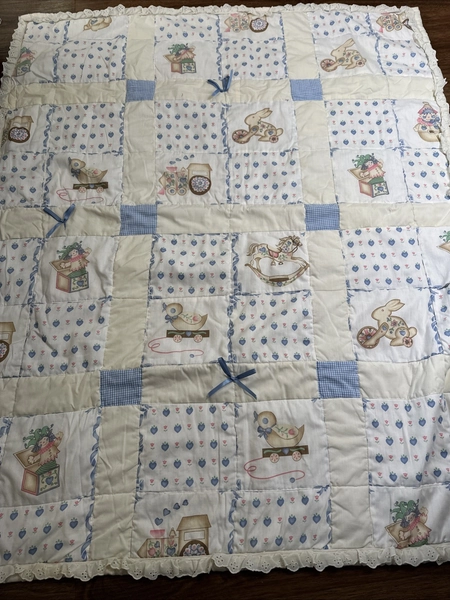 Vintage 70s/80s Baby Infant Hand Made Blanket Quilt Pastel Toy Print Bunny Jack