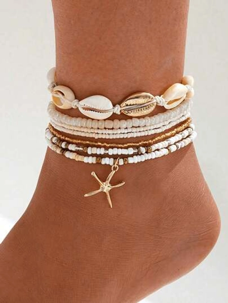 7pcs Boho Style Seed Bead, Shell, Starfish Decor Anklet Set For Women Girls, Beach Summer Vacation Party Wear Accessories