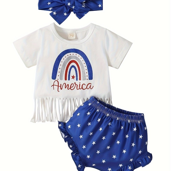 Minkidfashion Toddler Jumpsuit Set for Baby Girls - 4Th of July Independence Day Outfit with Blue Shorts, for Outdoor