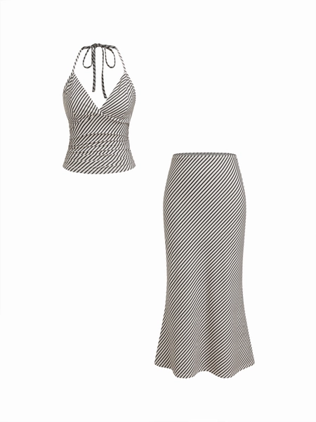 Halter Neckline Stripe Knotted Cami Top & Mid Rise Mermaid Skirt Set