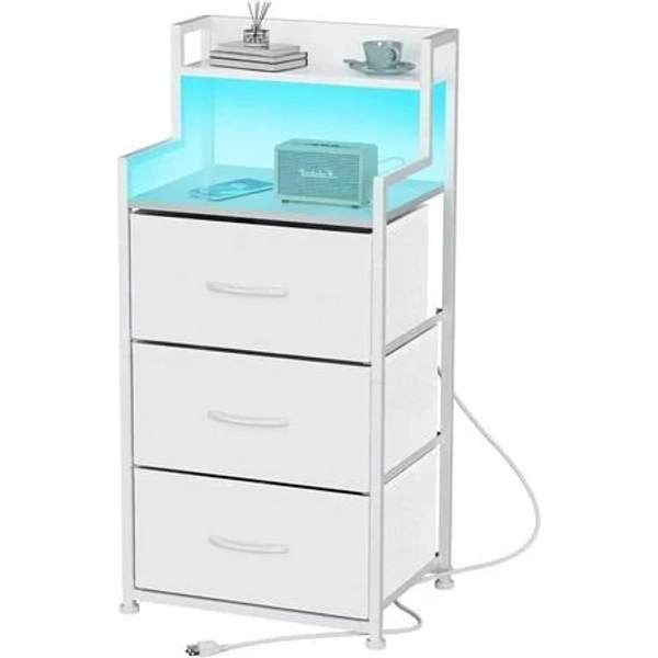 tall nightstand with light, charging station, & 3 fabric drawers