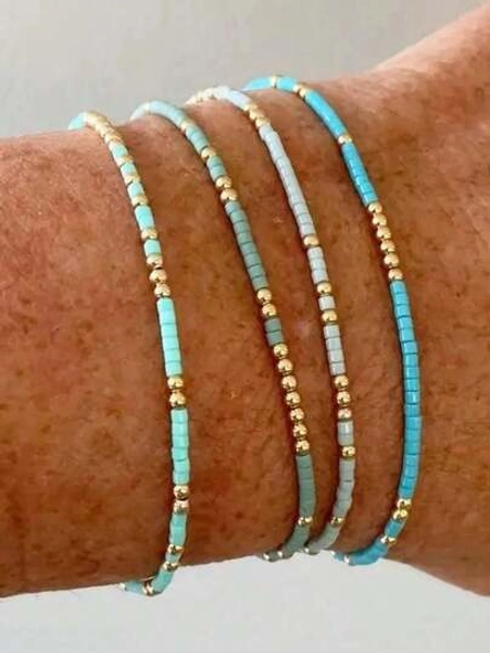 4pcs/Set Turquoise Seed Bead Stretch Bracelets, Bohemian Style Golden Glass Beads Handmade Girls Vacation Jewelry (Beads Are Random)