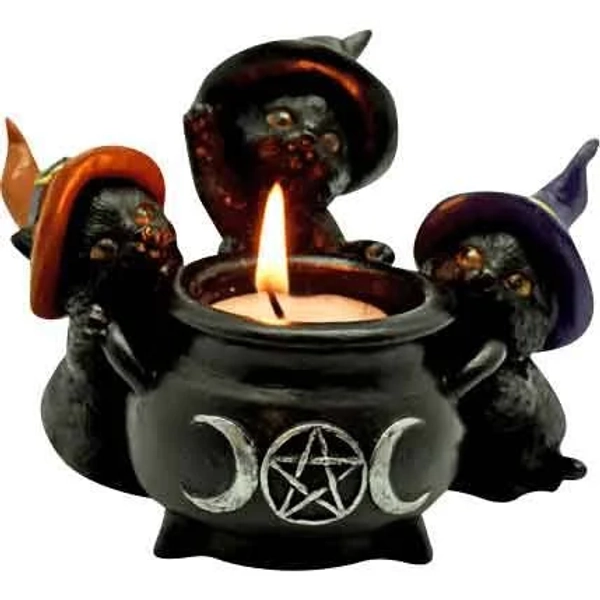 3 Witchy Cats Cauldron Candle Holder