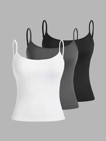 SHEIN EZwear 3pcs Casual Camisole Set, Versatile Slim Fit Tank Top For Women, Suitable For Summer