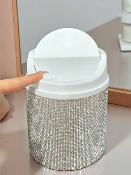 1pc Rhinestone Decorated Desktop Makeup Trash Can, Rotating Lid Desk Organizer Suitable For Vanity, Bedroom, Office, Shines In Sunlight Bag, Room Decor, Bags, Makeup Bag, Vanity, Travel, Make Up Bag, Travel Essentials, Organizer, Storage, Travel Essential, Makeup Organizer, Makeup Bags, Toiletry Bag, Desk Organiser, Cosmetic Bag, Makeup Pouch, Make Up Organizer, Vanity Accessories, Make Up Pouch, Make Up Bags, Jewellery Box, Pouch, Makeup Brush Holder, Brush Holder, Perfume Organiser, Pouch Bag