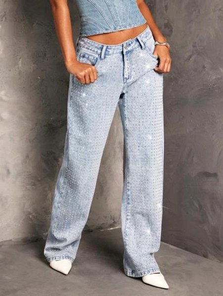 SHEIN BAE Women's Low Waist Embellished Slim Straight Leg Jeans, New Years Eve ,Rhinestone Pants, Christmas Party Women Sequin Holiday Baggy - Size 26