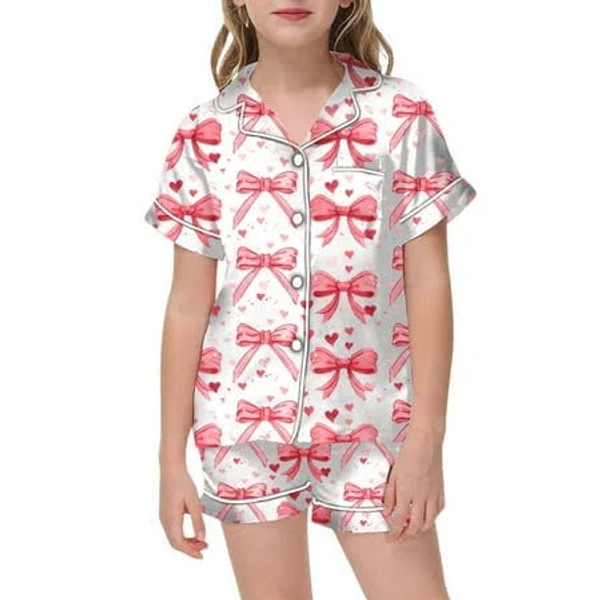 WENWU Girls' Cute Bow Pattern Silk Pajamas Set