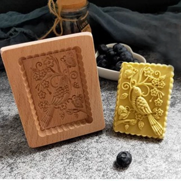 Flower and Bird Wooden Cookie Mold: Embosser Stamp