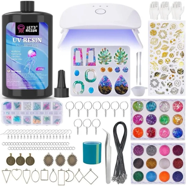 Let's Resin UV Resin Kit with Light,153Pcs Resin Jewelry Making Kit with Highly Clear UV Resin