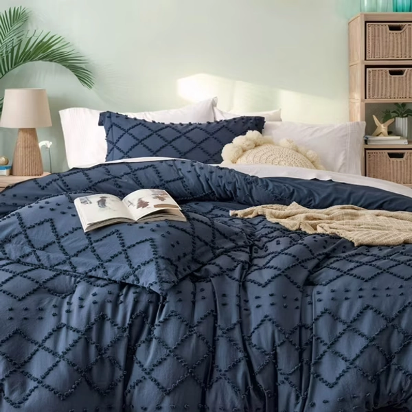 U by Bedsure Comforter Set, Boho Tufted Shabby Chic Bedding Comforter Set, 2 Pieces Vintage Farmhouse Bed Set for All Seasons, Soft Bedding Set with 1 Pillow Sham,Twin,Navy
