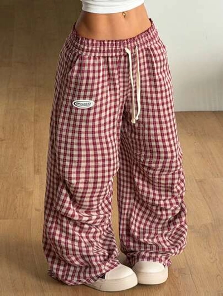 Coolane Summer For Women Streetwear Going Out Basic Plaid Wide Leg Pants City Break Red And White Checkered Casual Streetwear Pants - Size S