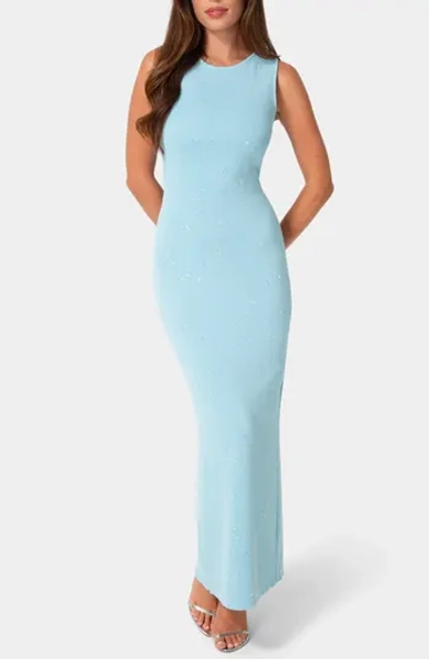 bebe Boatneck Lurex Knit Maxi Dress in Lite Blue at Nordstrom Rack, Size X-Large
