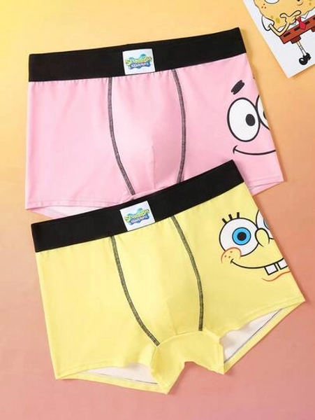 SpongeBob SquarePants | SHEIN 2pcs Men's Yellow & Pink Comfortable Breathable Cartoon Pattern Boxer Briefs,Casual Shorts,Basic Casual Boxer Brief, Men Boxers Pack, Cartoon Underwear