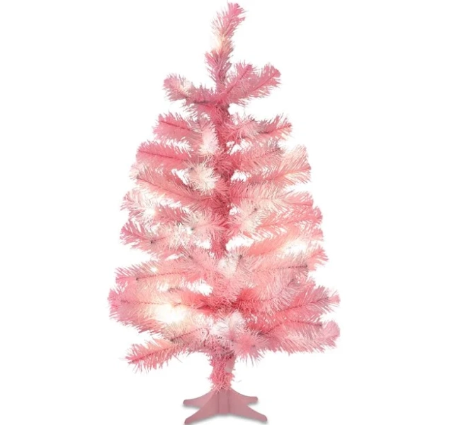 Holiday Time 2 FT Mini Pre-Lit Pink Artificial Christmas Tree with 35 Warm White LED Lights and Stand