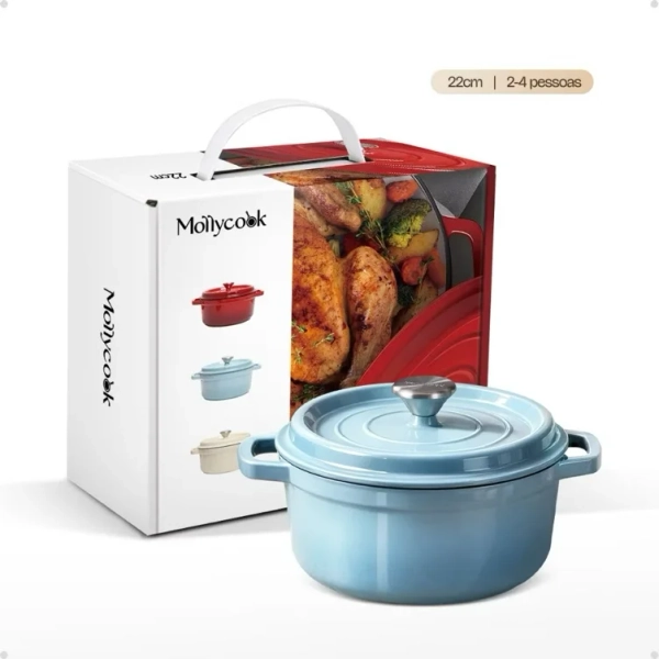 Mollycook Panela Caçarola De Ferro Fundido Esmaltado 22/24cm Premium Fogão Indução Panela Esmaltado de Ferro Com Tampa