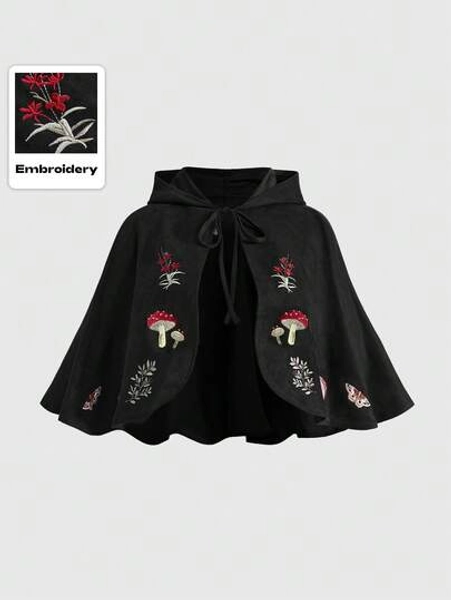 Fairycore Plus Size Women's Dark Mushroom Graphic Embroidered Hooded Poncho Top, Witchy Mysterious Vibe