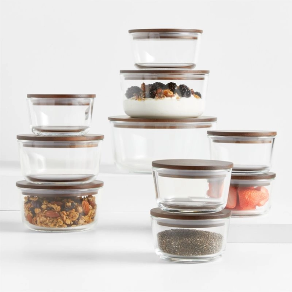 Crate & Barrel 20-Piece Round Glass Food Storage Container Set with Dark Acacia Wood Lids