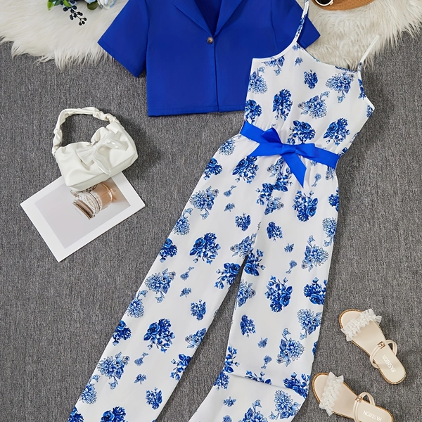 Youth Fashion Casual Style Short-Sleeve Blazer + Wide-Leg Jumpsuit 2pcs Set with Free Belt, Perfect for Outdoor, for Teenager