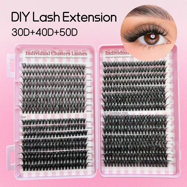 DIY Lash Clusters Kit Professional, 640 Pcs Fluffy Wispy D Curl 9-16mm, with Lash Glue & Tweezers for Home Use