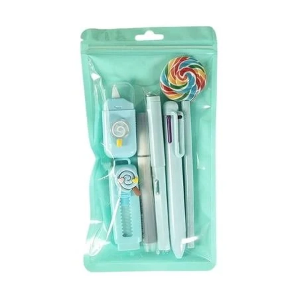Kawaii Stationery Gift In Resealable Pack, Includes Correction Tape Cutter Highlighter Pen Gel Pen And Eraser , Size: 18*11*1cm