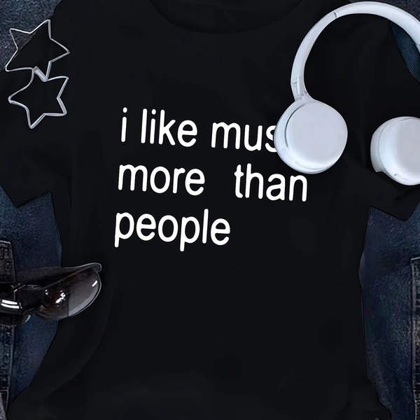 Unisex Black Casual Short Sleeve T-Shirt with Humorous Letter Print - I Like Music More Than People Design & White Headphones Illustration, 100% Regular Fit Round Neck Top for All Seasons, Music T Shirts, Sizes S-3XL